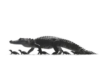 Fototapeta premium A large alligator leads a line of smaller alligators across a white background in a dramatic wildlife scene.