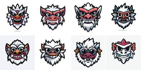 Obraz premium Animal Spirit Mask Mascot Head Logo Set with Cultural Patterns and Tribal Design in Bold Vector Style ideal for folklore branding and mystic identity