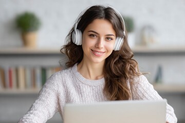 Woman Using Laptop Wearing Headphones Smiling