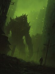 Massive creature looming over a ruined city.