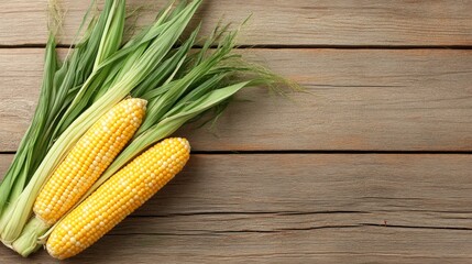 Fresh corn ears with vibrant yellow kernels and green husks lying on a rustic wooden surface, perfect for summer recipes or farm-to-table meals