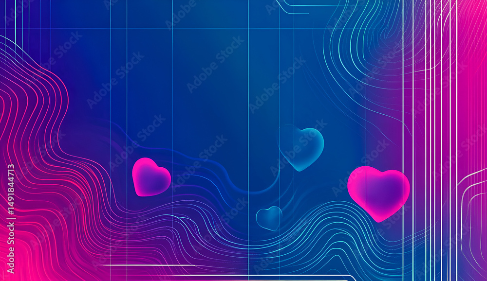 Poster abstract gradient background with floating hearts and curved lines a modern digital design