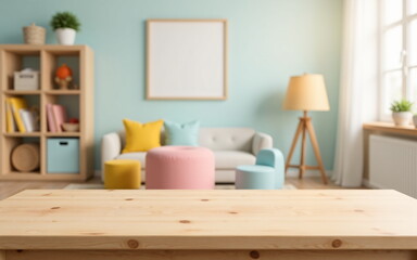 Empty wooden table in front of a blurred kids’ playroom background with pastel colors, Perfect for toy or children’s product display