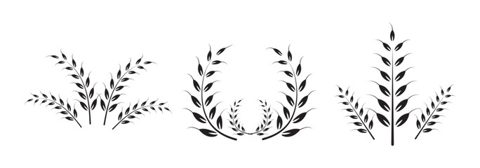 Wheat icons set. Wheat ear of various shapes, linear icon collection. Wheat wreaths and grain spikes set icons.