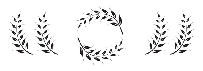 Wheat icons set. Wheat ear of various shapes, linear icon collection. Wheat wreaths and grain spikes set icons.