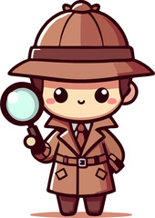 Adorable Cartoon Detective Character with Magnifying Glass – Cute Vector Illustration for Kids and Mystery Themes