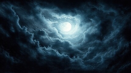 Fototapeta premium Bright full moon shining through swirling dark clouds in a night sky, creating a mysterious and dramatic atmosphere