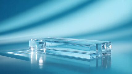 Transparent glass block on blue background minimalist product display