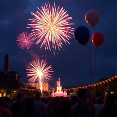 Fireworks and Balloons Light Up Realistic 4th of July Scene