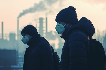 People in protective mask. Air pollution city smog from factory concept. Background concept