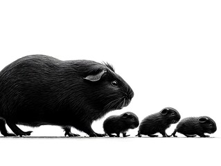 A sleek black guinea pig leads its three tiny babies in a heartwarming single-file procession against a stark white background.