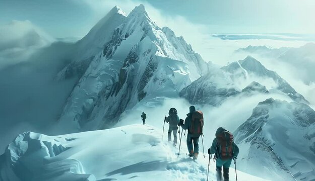 Adventurers crossing glacier with ice axes and crampons.