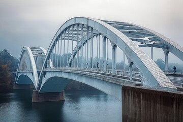 Obraz premium Large modern steel arch bridge spanning calm river under cloudy sky with few people walking along it during foggy day