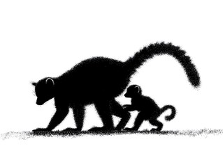 Obraz premium A mother lemur and her baby walk together in a beautiful black silhouette style illustration against a white background.