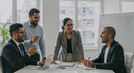 Multicultural co-workers briefing at collaborative boardroom