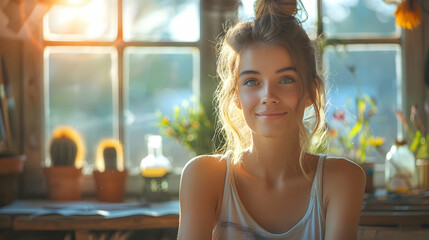 Happy woman by sunlit window.