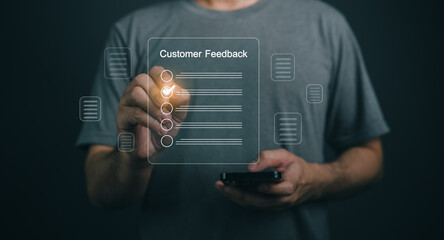 Close-up businessman hand professional individual engages with a smartphone, collecting customer feedback through a transparent survey interface, highlighting user interaction and modern technology.