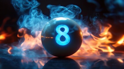 Glossy black billiard ball with glowing number eight surrounded by swirling blue smoke and bright orange flames on reflective surface