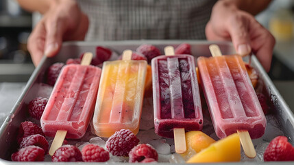 Homemade fruit popsicles on tray.