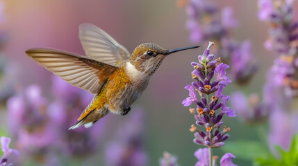 Fototapeta premium Hummingbird feeding lavender flowers.
