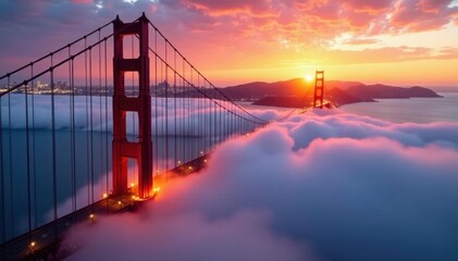 Obraz premium Sunrise paints the Golden Gate Bridge, clouds swirl below , nature, vista, rays