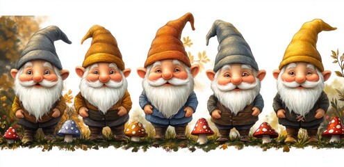 Five cheerful garden gnomes standing in a row with colorful mushroom decorations and autumn foliage in the background