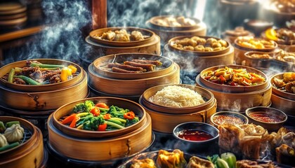Fototapeta premium Chinese dim-sum in bamboo steamers on wooden table with rising steam.