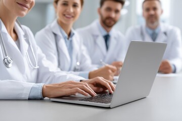 Obraz premium Doctors Typing on Laptop During Medical Team Meeting