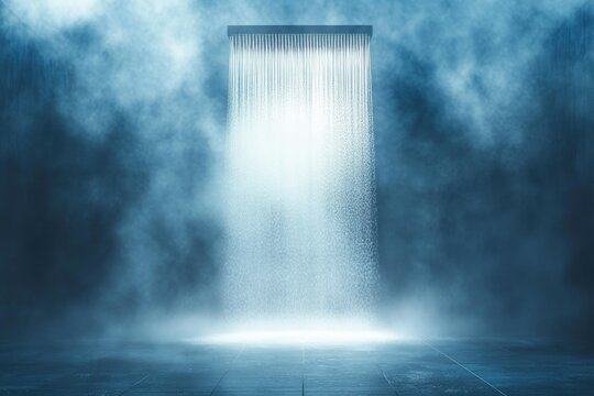 Illuminated vertical stream of water cascading down in a misty dark environment creating a serene and mystical atmosphere - Powered by Adobe