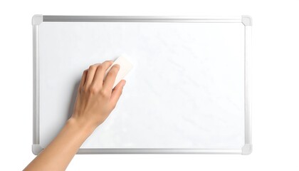 Hand erasing white surface with an eraser. Isolated shot on white. Focus on cleaning and removing elements. Clean and modern