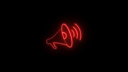 Illuminated neon red megaphone icon isolated on a black background demonstrating loudspeaker announcement marketing and communication concepts