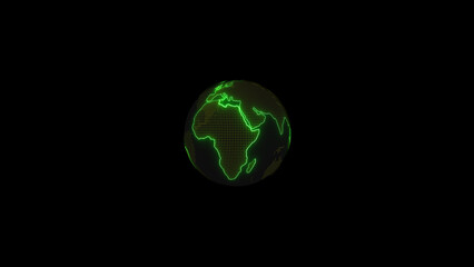 Glowing green globe illustrating international connectivity and global network visualization on a black background representing the world concept
