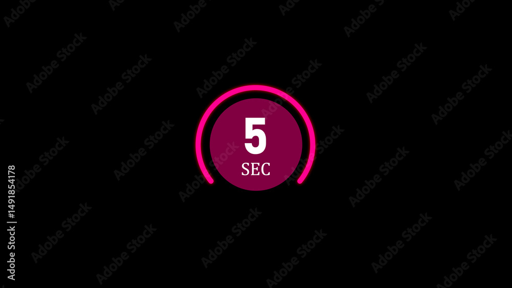 Poster a digital countdown timer showing five seconds in a pink and white circular animation on a black bac