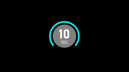 Digital countdown timer of ten seconds with a glowing blue circle overlayed on a dark black background suitable for various applications and purposes