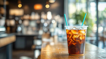 Iced cappuccino coffee in a transparent plastic takeaway glass placed on a white modern table in a bright kitchen setting, with ample caption space on the side, evoking freshness, simplicity, and ever