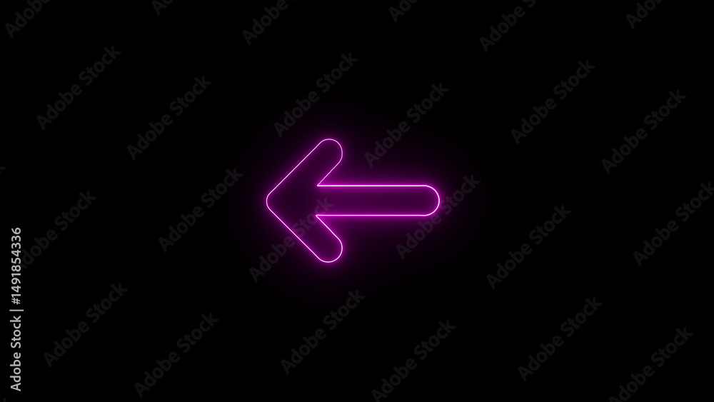Poster glowing pink neon arrow pointing left isolated on a black backdrop representing direction guidance n