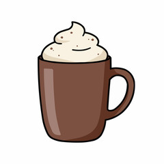 Cute cartoon mug filled with creamy whipped topping. Delicious treat illustration