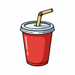 Cartoon illustration of red drink cup with straw on white background, top lid visible