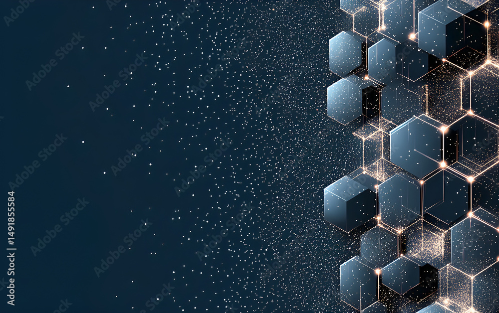 Poster abstract technology background with hexagonal shapes and glowing particles for digital concepts