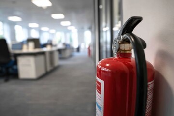 Red Fire Extinguisher in Modern Office Environment with Workstations