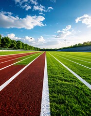 Running track with red lanes and green grass under a blue sky with clouds on a sunny day, perfect for athletics