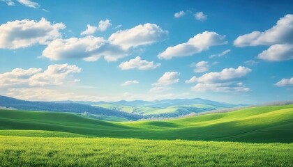 Obraz premium Vast green undulating grassland under a blue sky with white clouds, distant mountains, and scattered trees.