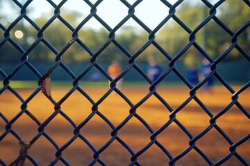 Naklejka premium Close-up of a metal chain-link fence with a blurred softball field and players in the background during a sunny day