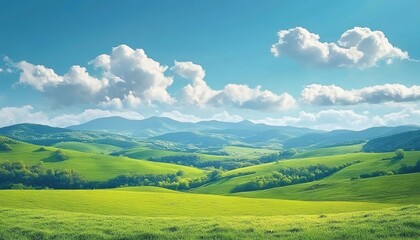 Obraz premium Vast green undulating grassland under a blue sky with white clouds, distant mountains, and scattered trees.