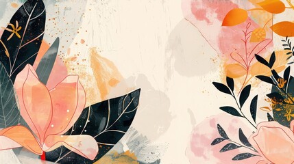 Abstract floral design with peach flowers, dark leaves, and watercolor textures on a light background