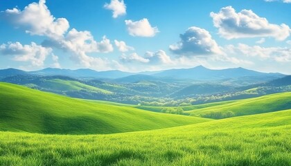 Obraz premium Vast green undulating grassland under a blue sky with white clouds, distant mountains, and scattered trees.