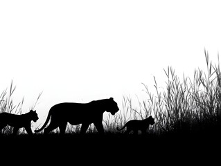 A lioness and two cubs walk gracefully through tall savanna grass against a bright white background creating a striking silhouette.