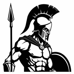 A stylized gladiator with a helmet and spear, illustrated in black and white monochrome