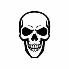 Simplified, menacing skull with bold, contrasting black lines on a white backdrop