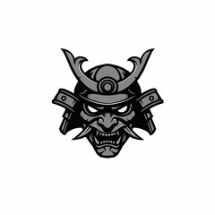 Graphic illustration of a grey samurai helmet against a stark white background